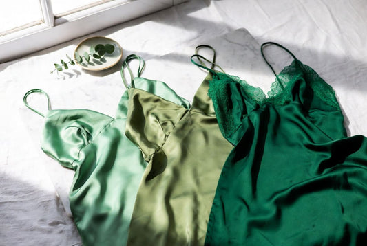 Green silk nightgowns in mint, sage, and emerald shades