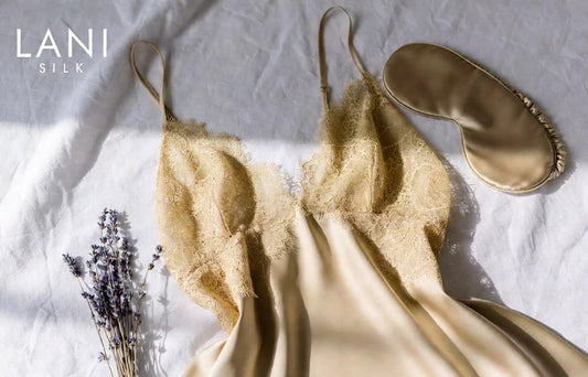 Lace silk nightgown in champagne color with French Leavers trim