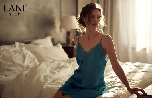 LANI SILK aqua slip nightgown with lace trim in luxury bedroom setting