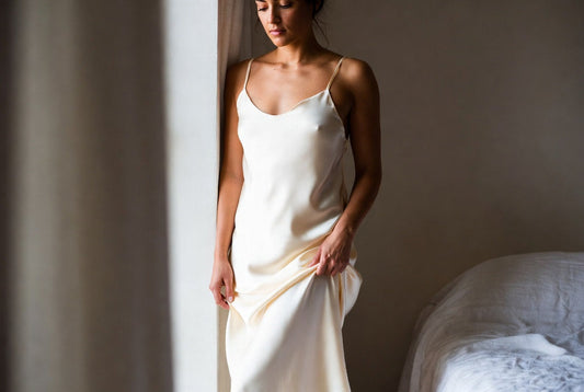 Long ivory silk nightgown with floor-length drape on woman