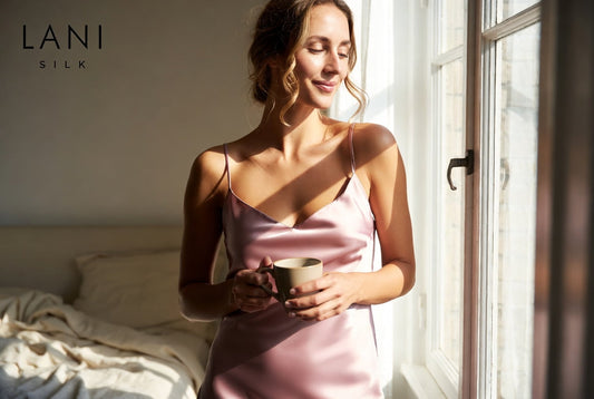 Woman wearing blush pink silk nightgown by window with morning light