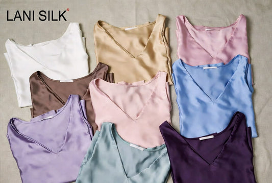 Silk nightgown color options including black, white, blush pink, lavender, red, and navy