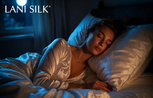 Woman sleeping peacefully in long sleeve silk nightgown on silk pillowcase at night