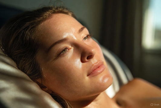 Woman with clear skin and no sleep creases after sleeping on silk