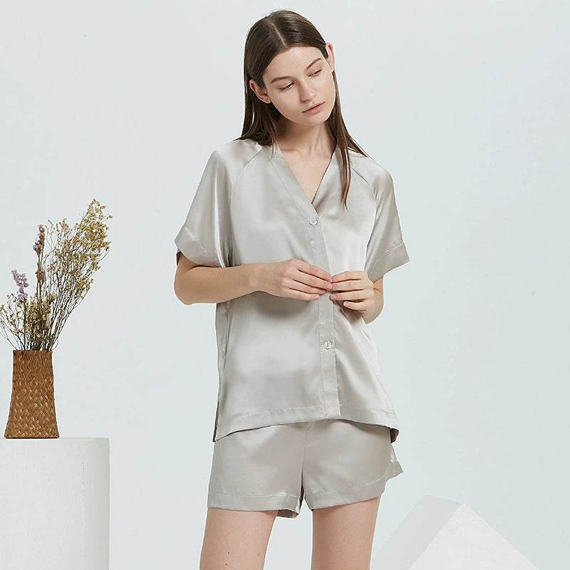 Silk Pajamas - V Neck Short Sleeve Sleepwear Set - LANI SILK 