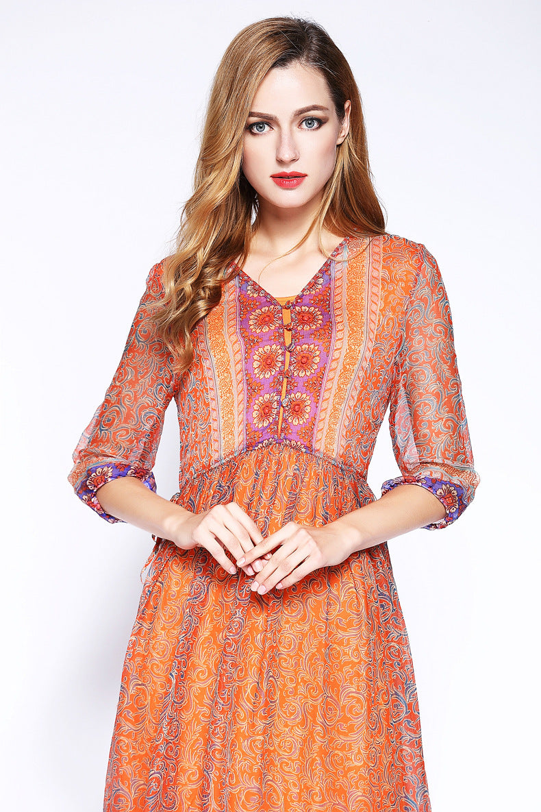 Silk Dress Mid-length V-neck Bohemian Floral Beach Dress