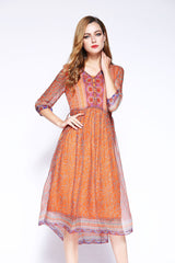 Silk Dress Mid-length V-neck Bohemian Floral Beach Dress