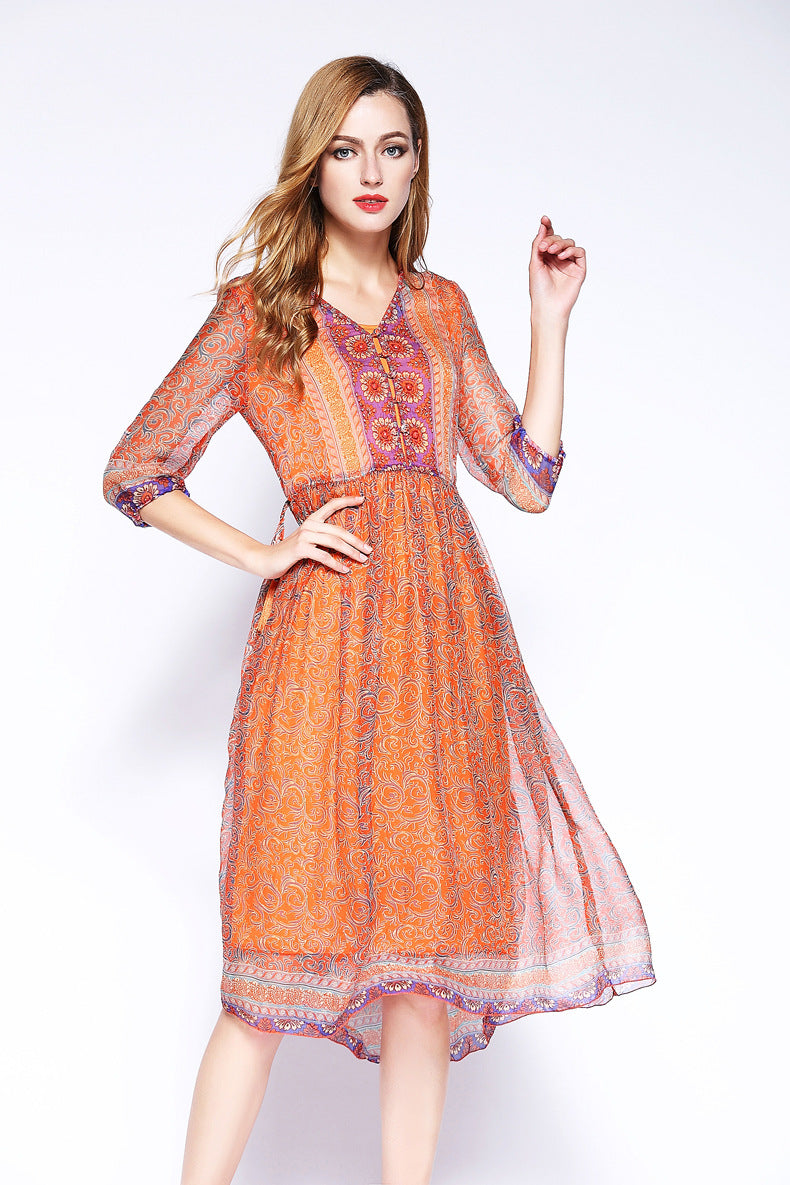 Silk Dress Mid-length V-neck Bohemian Floral Beach Dress