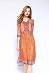 Silk Dress Mid-length V-neck Bohemian Floral Beach Dress