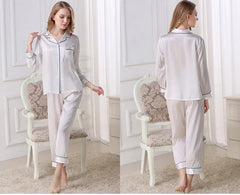 Silk Pajamas - Pure Piece Set Long Sleeves Soft Elegant Sleepwear 