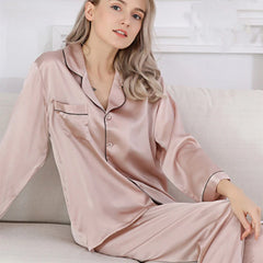 Silk Pajamas - Pure Piece Set Long Sleeves Soft Elegant Sleepwear 