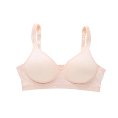 Silk bra with no closure, wireless design, seamless feel, perfect for everyday wear in a solid light pink color.