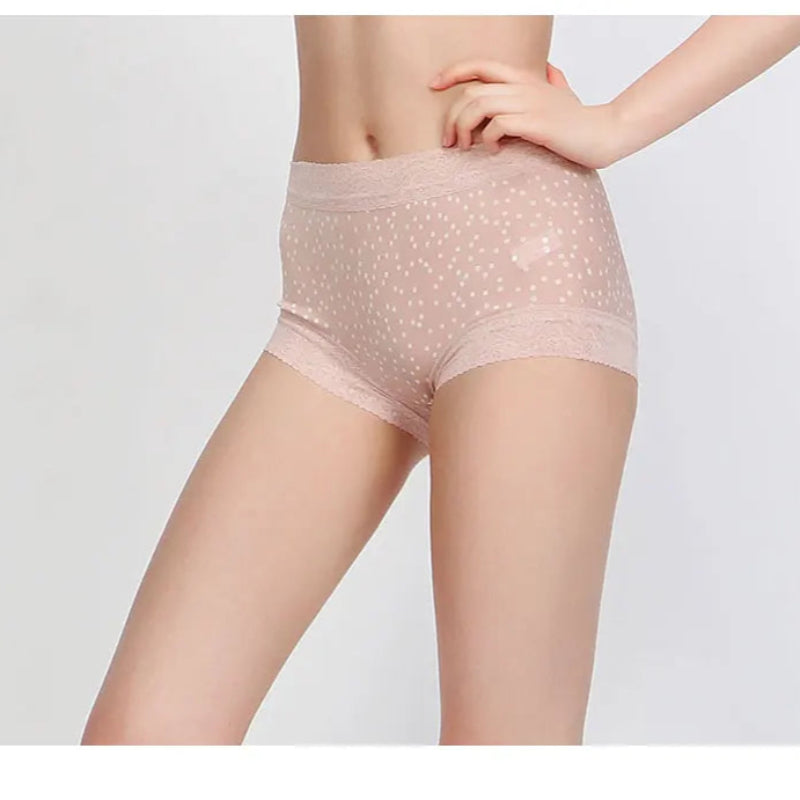 Silk Panties - 100% Natural Mid-Rise Waist Dots Printed Lace Underwear