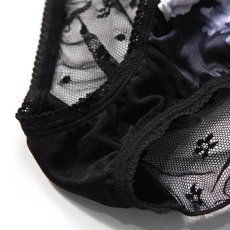 Silk Panties - 100% Natural Silk Lace Sexy Low Rise Briefs Black Lingerie - LANI SILK 