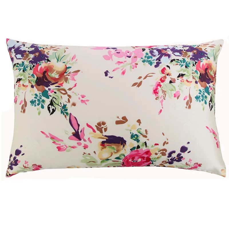 Silk Pillowcases - Floral Print Zipper Closure Standard Size