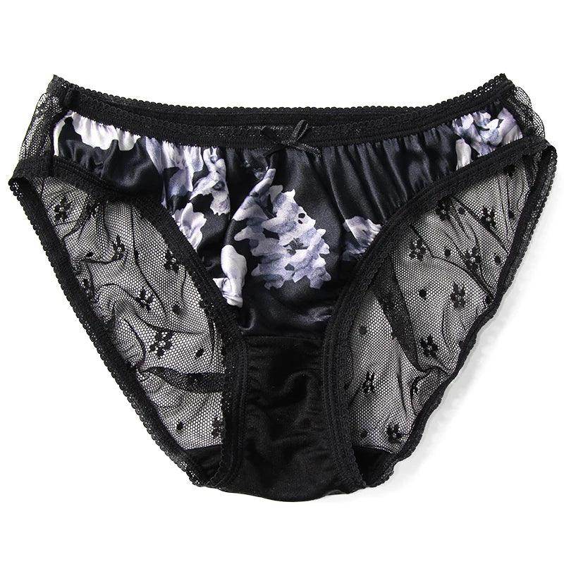 Silk Panties - 100% Natural Silk Lace Sexy Low Rise Briefs Black Lingerie - LANI SILK 