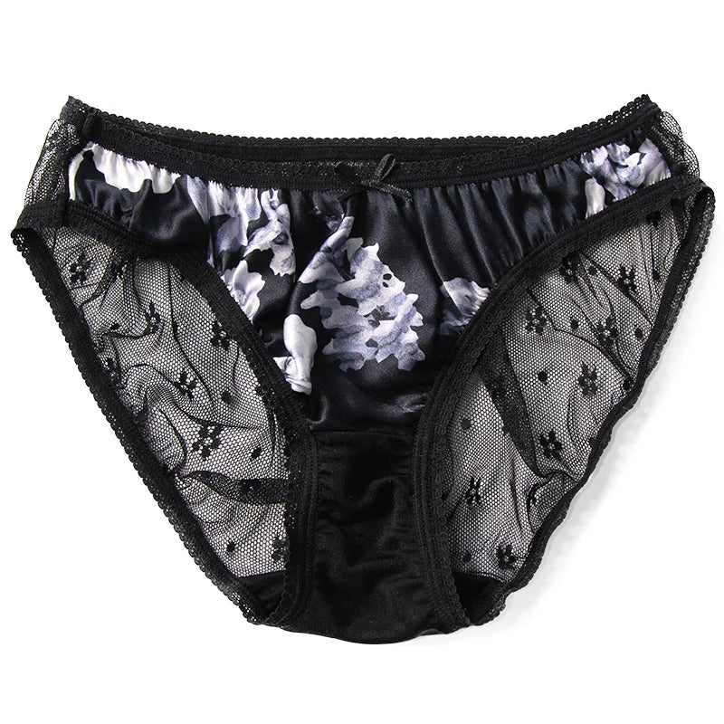 Silk Panties - 100% Natural Silk Lace Sexy Low Rise Briefs Black Lingerie