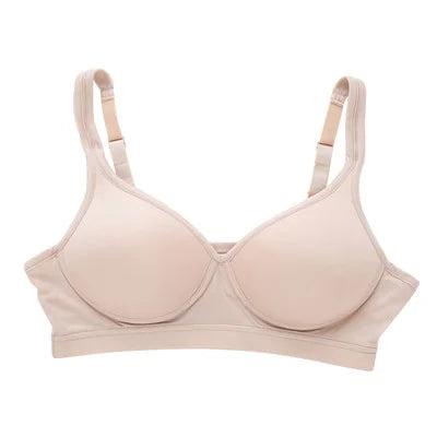 Seamless wireless silk bra for women, 3/4 cup, adjustable straps, everyday comfort in solid nude color.