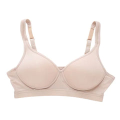 Seamless wireless silk bra for women, 3/4 cup, adjustable straps, everyday comfort in solid nude color.