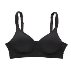 Black seamless silk bra with wireless support and adjustable straps for everyday comfort.