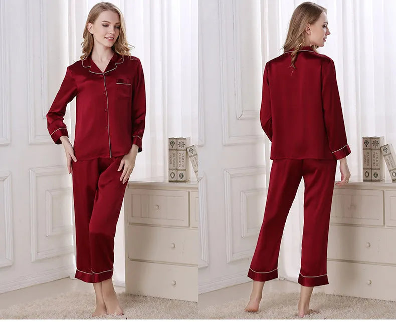 Silk Pajamas - Pure Piece Set Long Sleeves Soft Elegant Sleepwear 