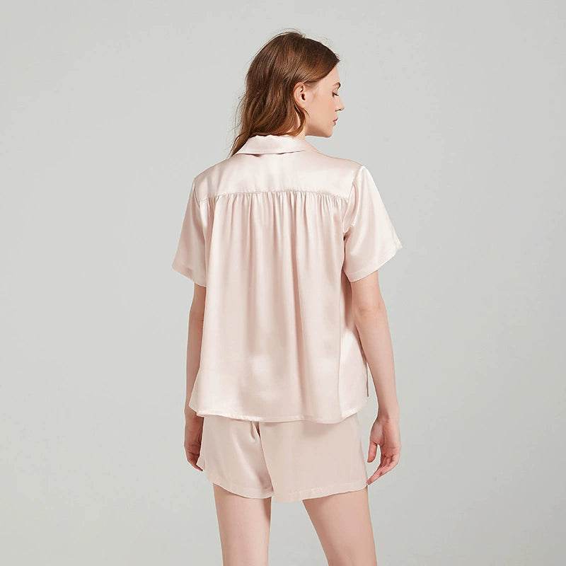 Silk Pajamas - 100% Mulberry Silk Pleated Short Sleeve Set - LANI SILK 