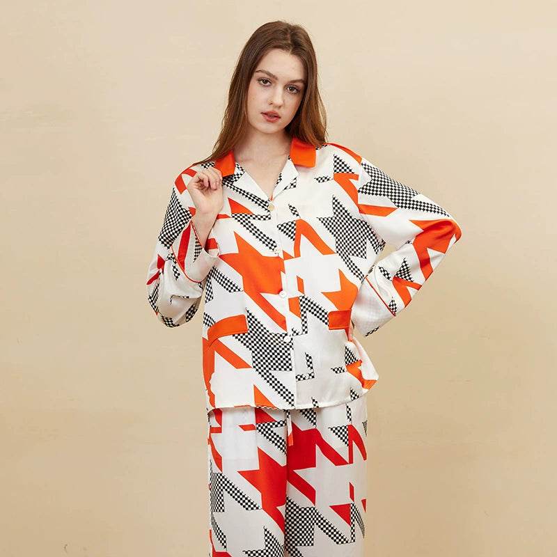 Silk Pajamas - 100% Mulberry Silk Houndstooth Print Set - LANI SILK 