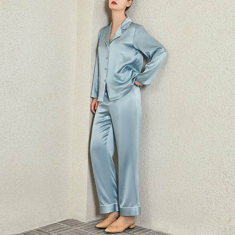 Silk Pajamas - Solid Color Long Sleeve Turn-Down Sleepwear - LANI SILK 