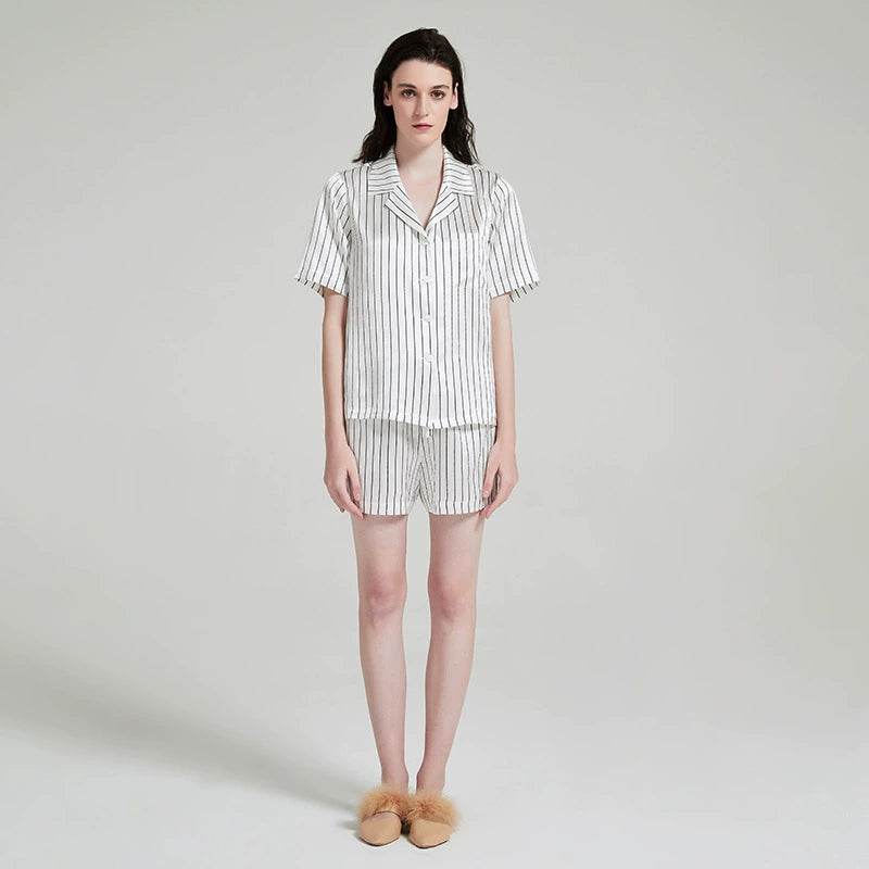 Silk Pajamas - 100% Mulberry Silk Striped Short Sleeve Set - LANI SILK 
