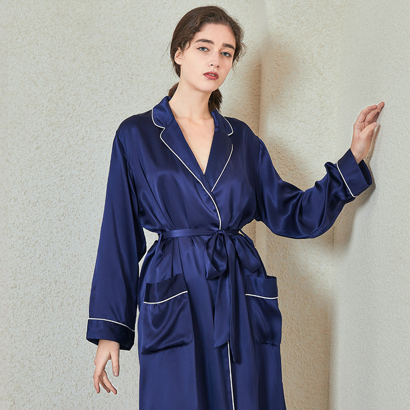 Long Work Robe Silk Robes – Classic Long Robe with Pocket & Trim| LANI SILK