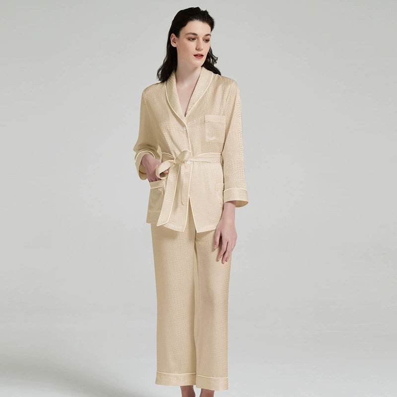 Silk Pajama Set - Houndstooth Jacquard Long Sleeve Loungewear - LANI SILK 