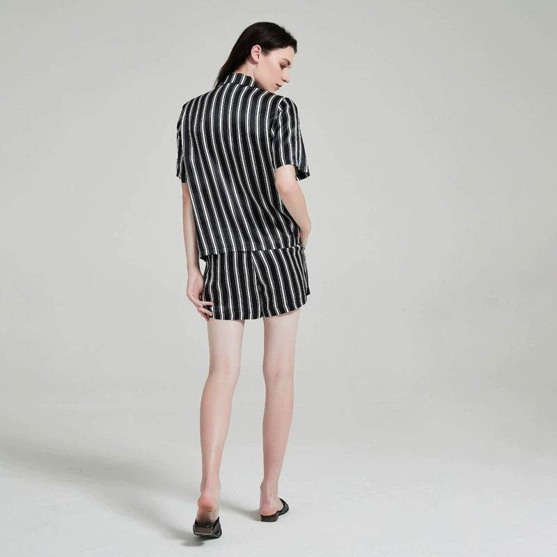 Silk Pajamas - 100% Mulberry Silk Striped Short Sleeve Set - LANI SILK 