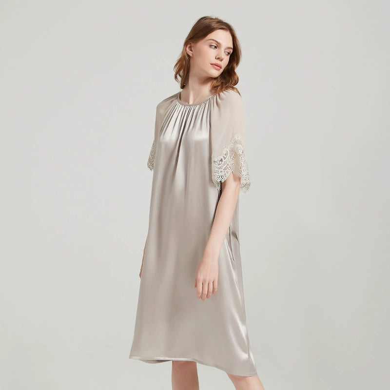 Silk Nightgown - Elegant Lace Short Sleeve & Simple Sleepwear - LANI SILK 
