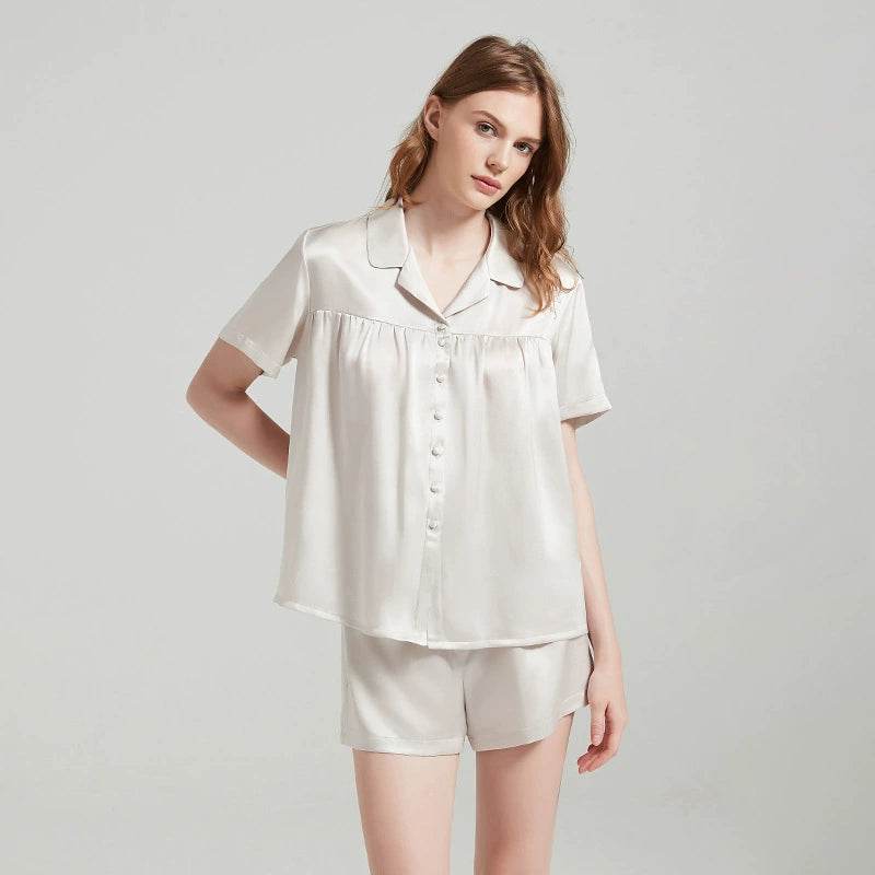 Silk Pajamas - 100% Mulberry Silk Pleated Short Sleeve Set - LANI SILK 
