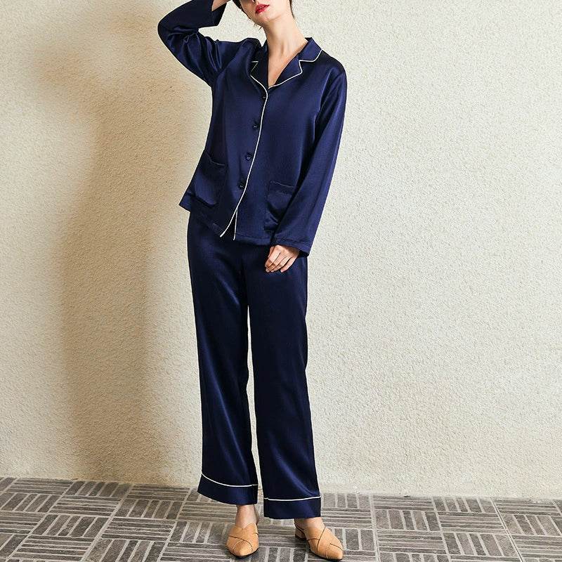 Silk Pajamas - Solid Color Long Sleeve Turn-Down Sleepwear - LANI SILK 