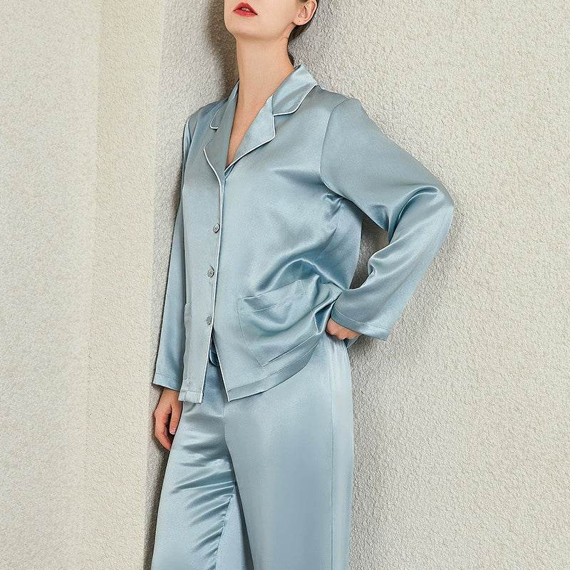 Silk Pajamas - Solid Color Long Sleeve Turn-Down Sleepwear - LANI SILK 