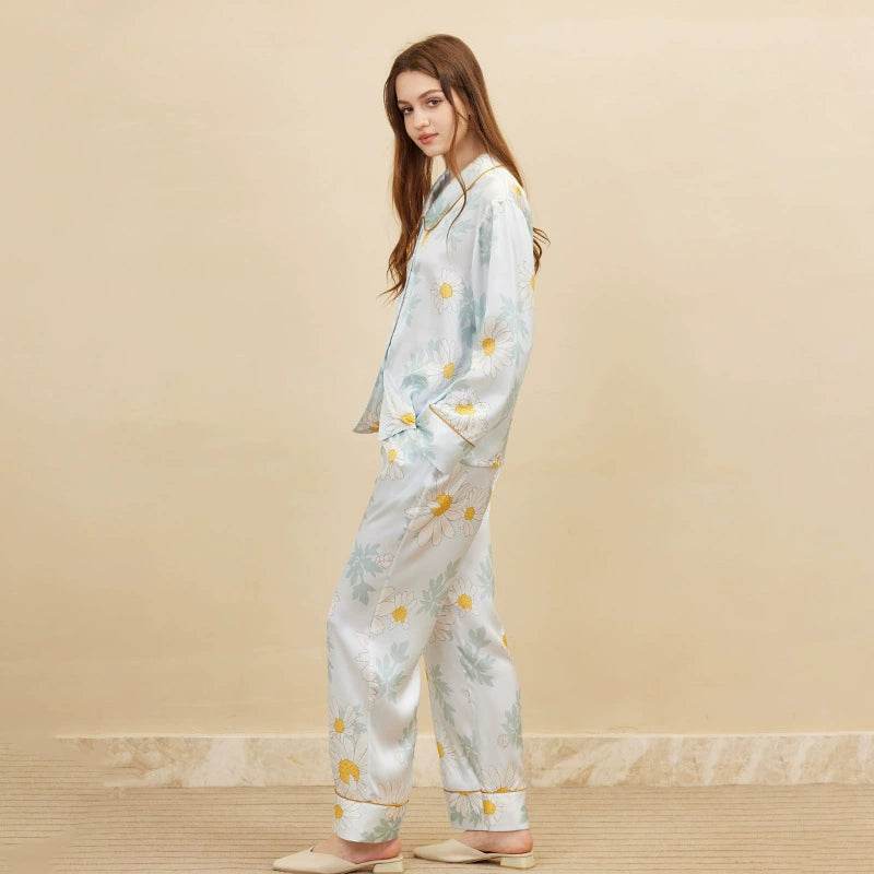 Silk Pajamas - Elegant 100% Mulberry Silk Daisy Print Set - LANI SILK 