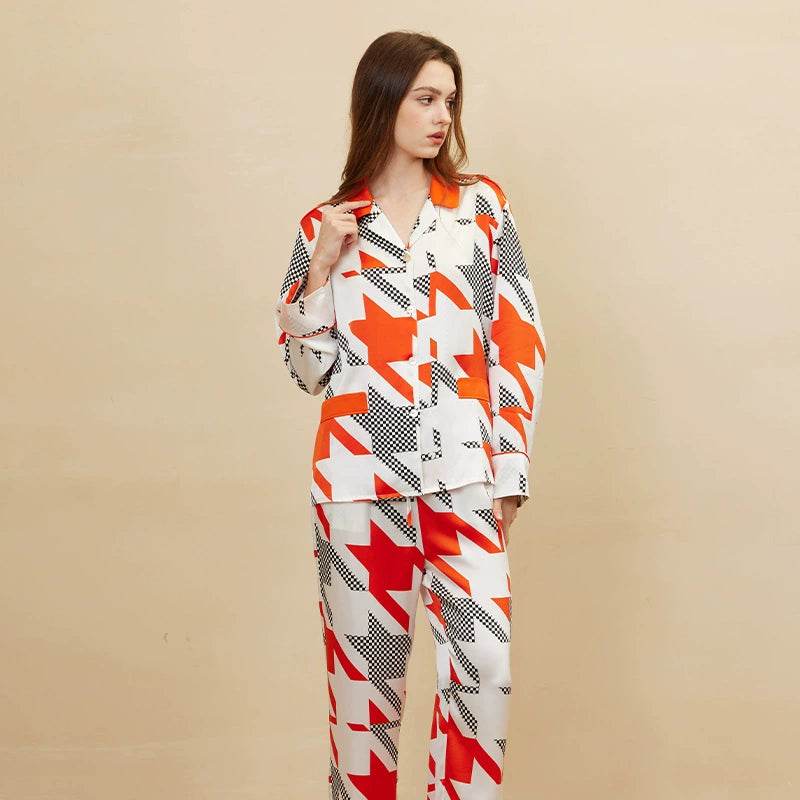 Silk Pajamas - 100% Mulberry Silk Houndstooth Print Set - LANI SILK 