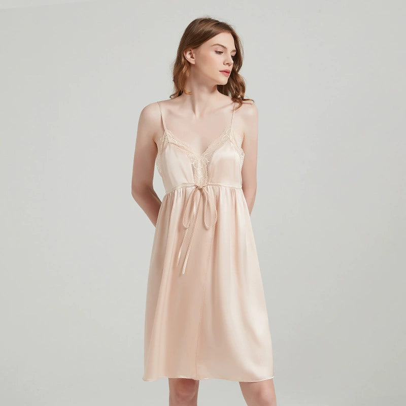 Silk Nightgown - Lace Backless Sling Sleep Dress - LANI SILK 