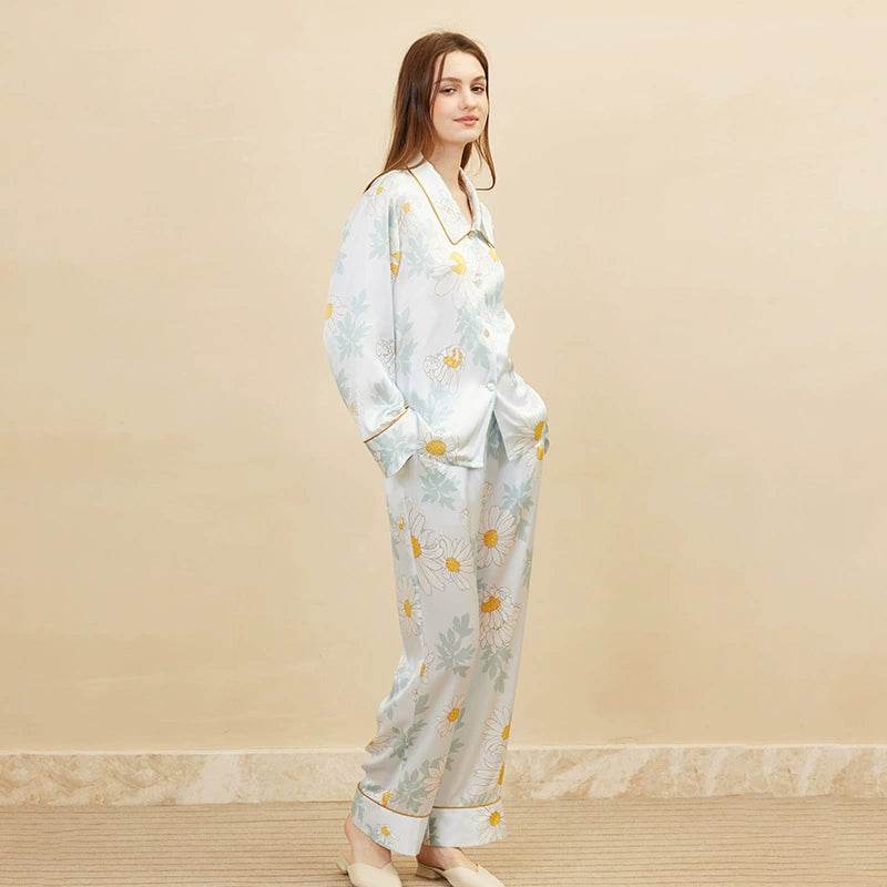 Silk Pajamas - Elegant 100% Mulberry Silk Daisy Print Set - LANI SILK 