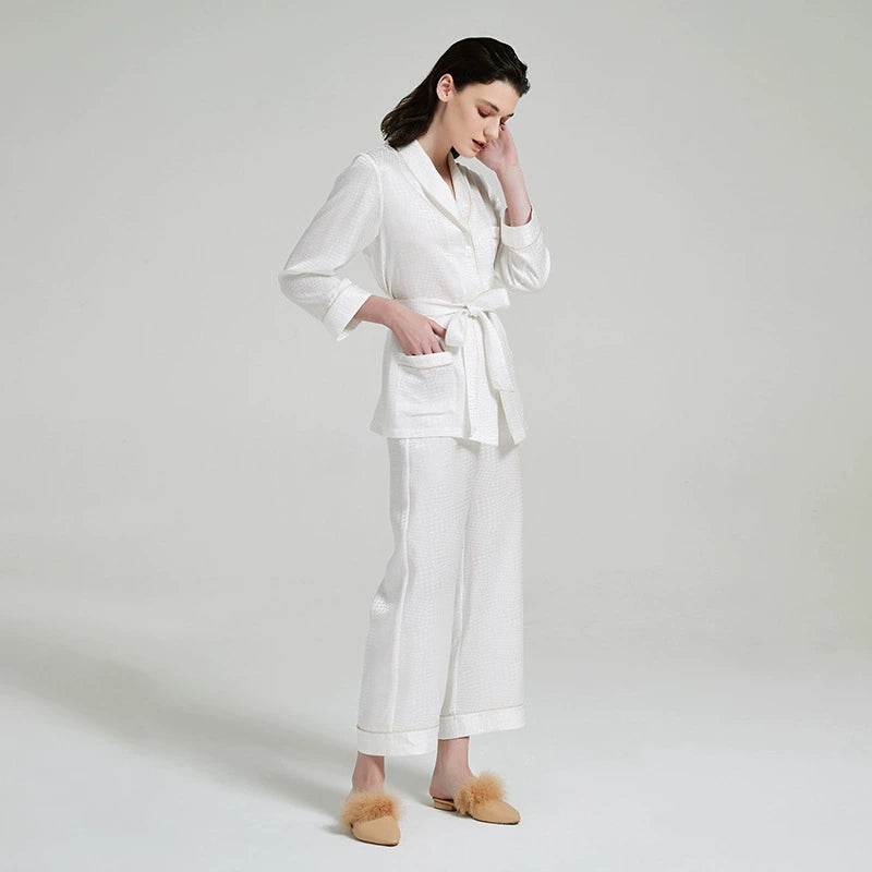 Silk Pajama Set - Houndstooth Jacquard Long Sleeve Loungewear - LANI SILK 