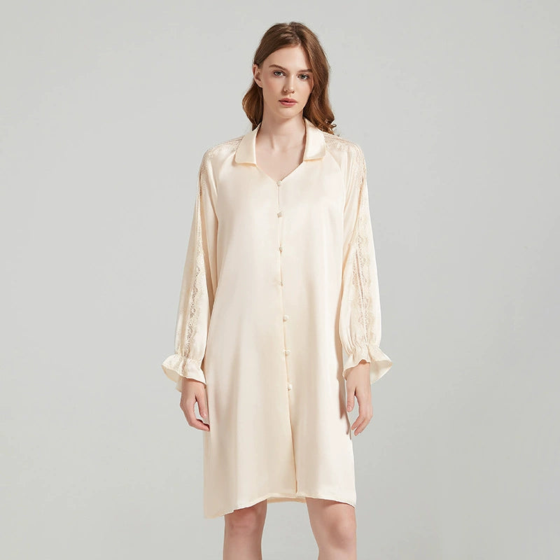 Silk Nightgown with Lace Sleeves – Soft & Elegant Feel - LANI SILK 