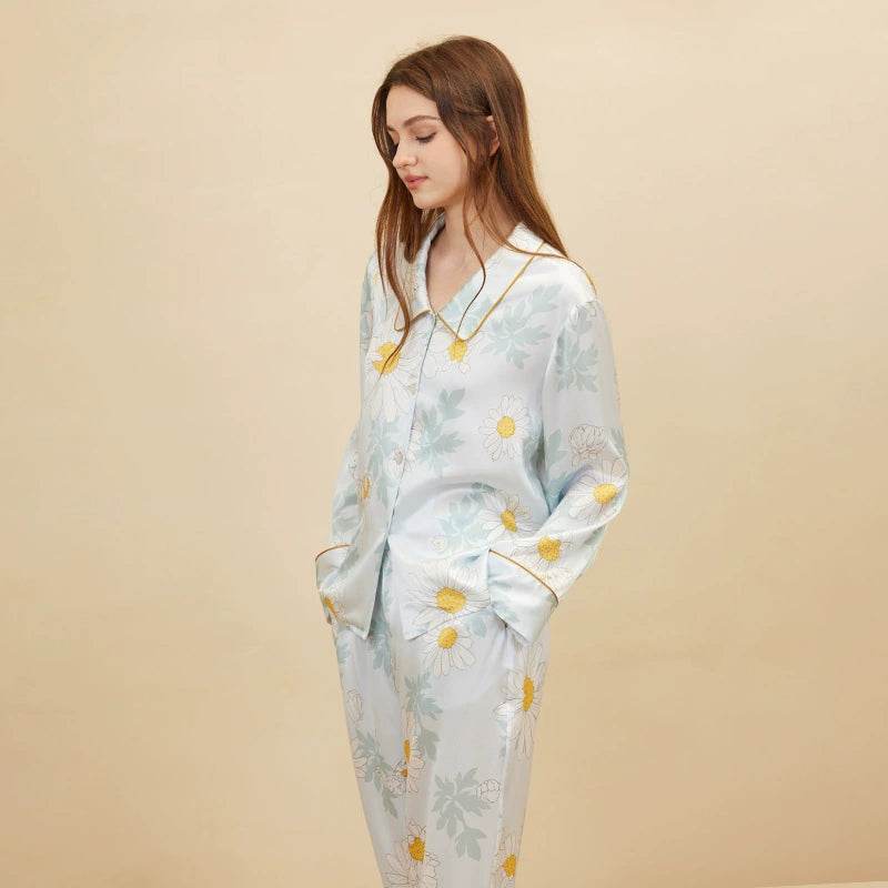 Silk Pajamas - Elegant 100% Mulberry Silk Daisy Print Set - LANI SILK 