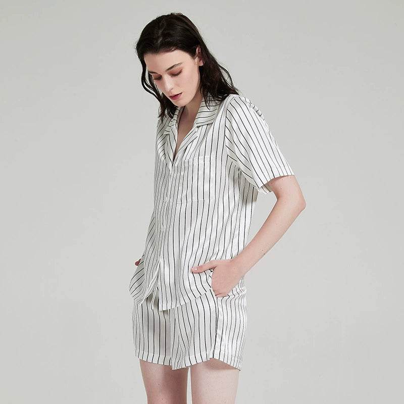 Silk Pajamas - 100% Mulberry Silk Striped Short Sleeve Set - LANI SILK 