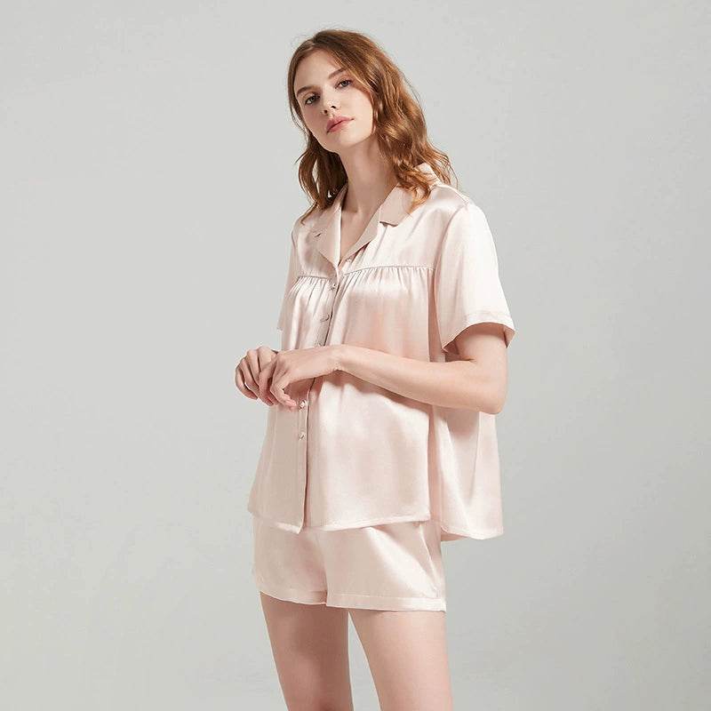 Silk Pajamas - 100% Mulberry Silk Pleated Short Sleeve Set - LANI SILK 