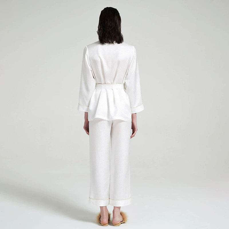 Silk Pajama Set - Houndstooth Jacquard Long Sleeve Loungewear - LANI SILK 