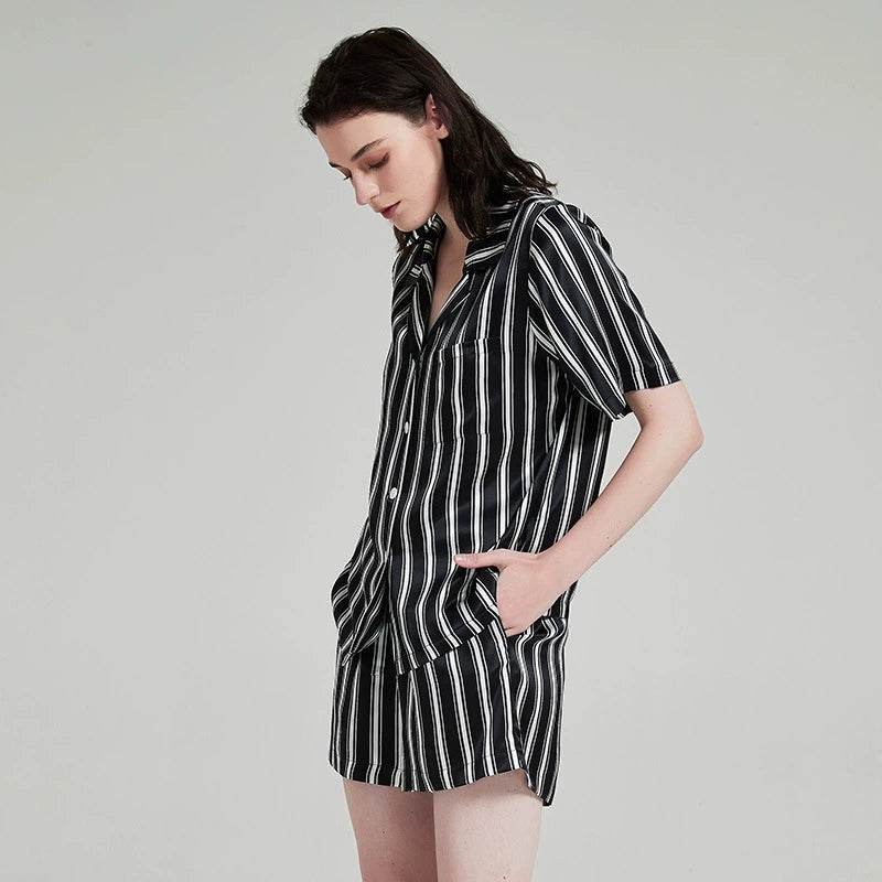 Silk Pajamas - 100% Mulberry Silk Striped Short Sleeve Set - LANI SILK 