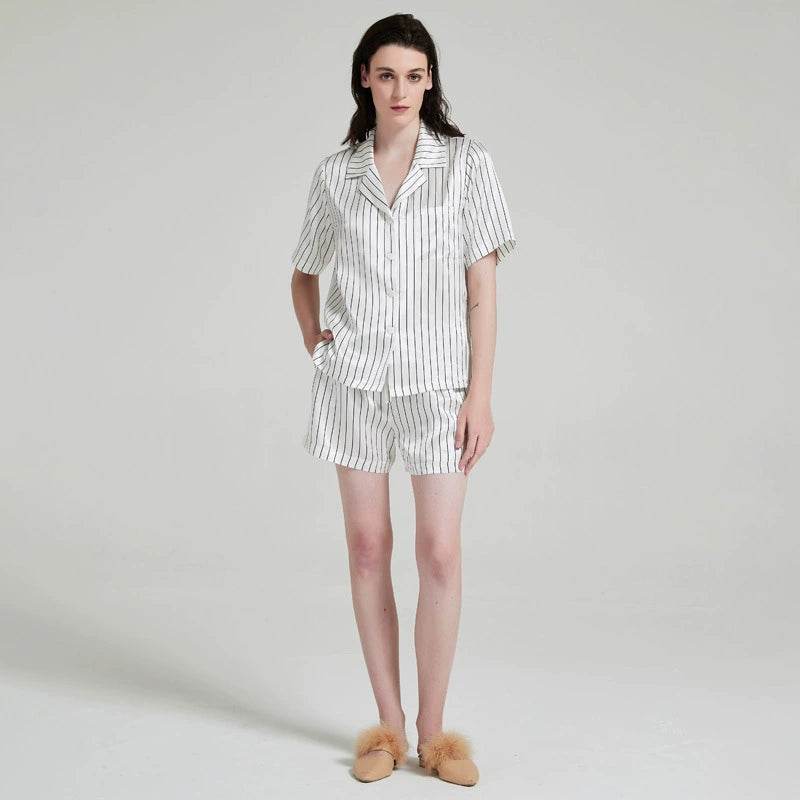 Silk Pajamas - 100% Mulberry Silk Striped Short Sleeve Set - LANI SILK 