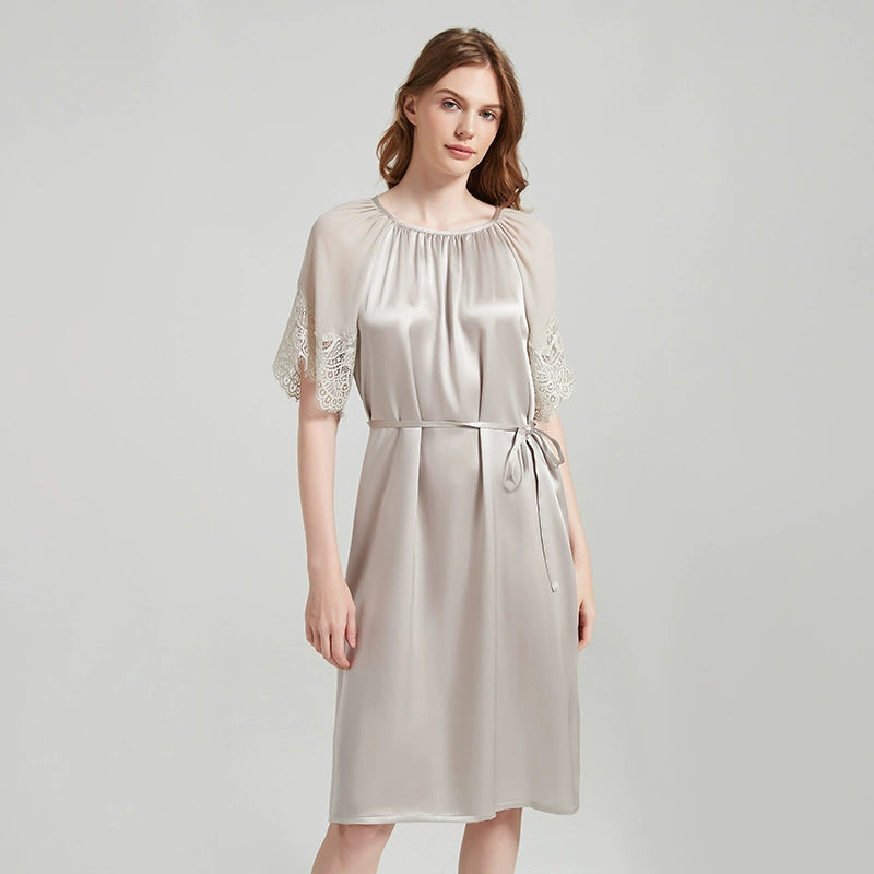 Silk Nightgown - Elegant Lace Short Sleeve & Simple Sleepwear - LANI SILK 