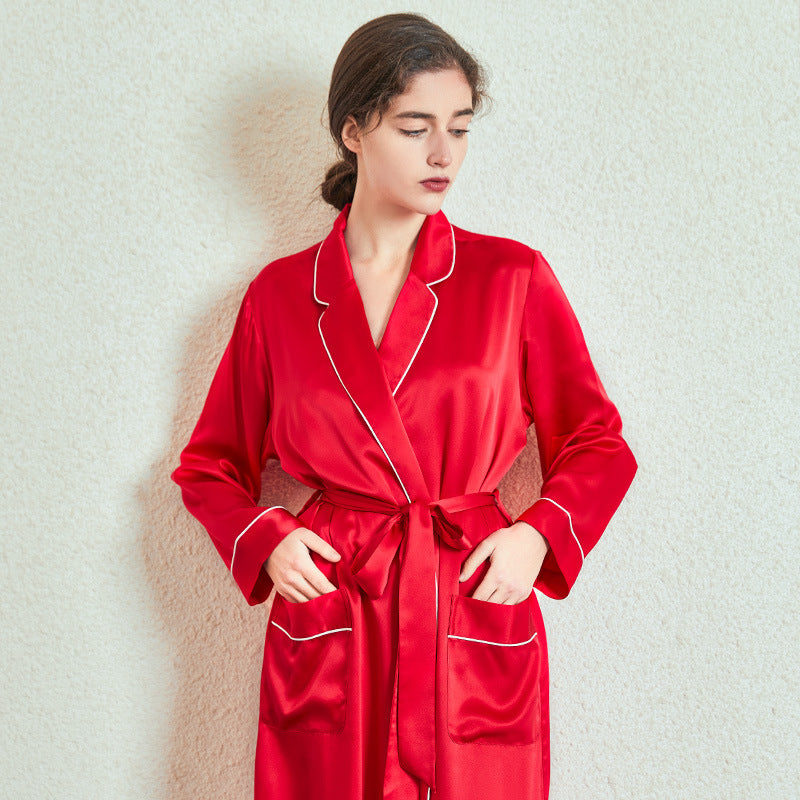 Leather Robe Side Silk Robes – Classic Long Robe with Pocket & Trim| LANI SILK